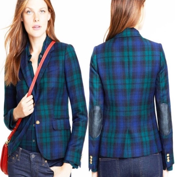 J. Crew School Boy Tartan Plaid 100% Wool Leather Elbow Patches Back Vent Size 2 - Picture 1 of 16